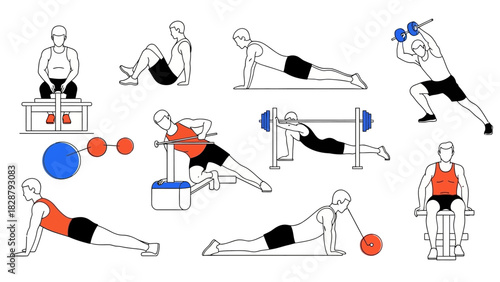Exercise chart showing various weightlifting and bodyweight exercises in black  white with color accents