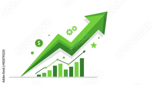 Green chart with arrow and bars indicating growth with coins gears and star symbols