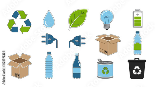 Icons depict environmental elements like recycling water  renewable energy