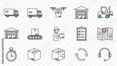 Icons depicting delivery and logistics processes including trucks drone warehouse worker map and a timer