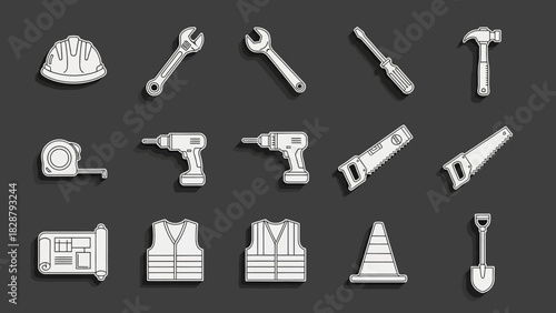 Icons of construction tools helmet wrenches drills plans safety vests cone shovel on a gray background