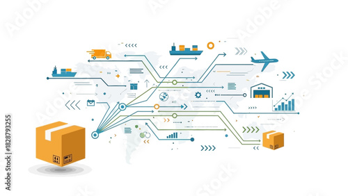 Illustrated logistics diagram with delivery vehicles global connections and packages