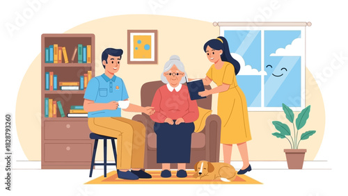 Illustration Elderly woman in armchair caregiver offering a book man with tea dog bookcase potted plant window with smiling cloud