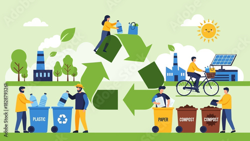 Illustration Recycling with people sorting plastic paper and compost cycling and factories
