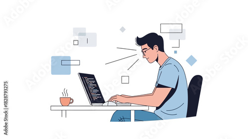 Man at laptop coffee coding blue shirt dark hair glasses