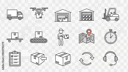Logistics icons depict shipping warehousing  delivery