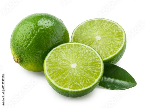 A close up of whole and halved limes with a leaf on a white background in a studio setting