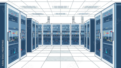 Server room view multiple rows of server racks in a clean illuminated space