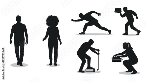 Six silhouetted figures engaged in varied actions standing against a white background