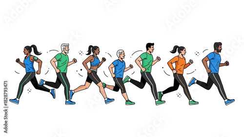 Seven people of different ages and ethnicities are running dressed in athletic wear