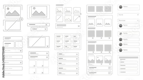 Sketched UI wireframes featuring image text and form field elements for app or website design mockups