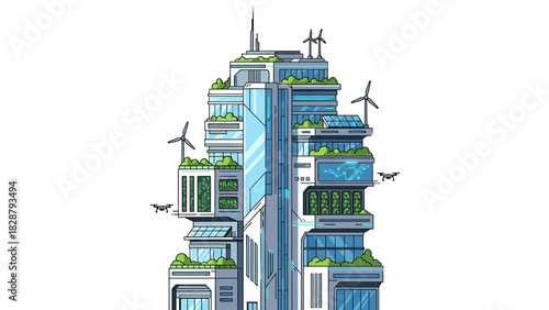 Skyscraper featuring green spaces wind turbines solar panels drones glass windows