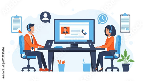 Two call center agents work at a desk with monitors