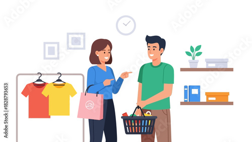Two people shop amidst clothes shelves and a clock on the wall