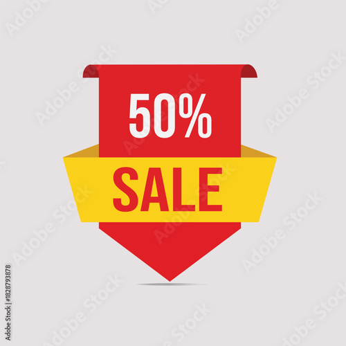 Sale emblem, red and yellow, 50% discount: A vibrant and eye-catching sale emblem, featuring a bold 50% SALE message, perfect for promotional material and retail displays.