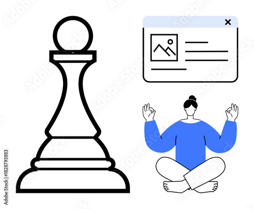 Chess pawn next to image card and meditating person symbolizes strategy, focus, creativity, mindfulness, decision-making, leadership, balance. Ideal for strategy, mindfulness creativity focus