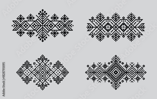 Collection of stylized ethnic ornaments exhibiting geometric patterns and traditional motifs