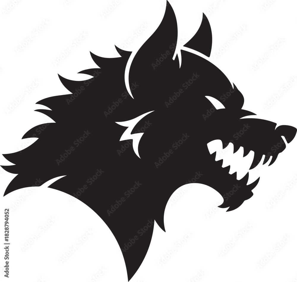 Fototapeta premium Black wolf head vector illustration with aggressive snarling expression and sharp fangs.