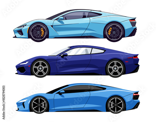 Set of Three Modern Sports Cars / Supercars in Blue Shades