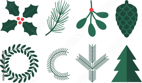 vector set of green leaves  christmas greenery and decorations