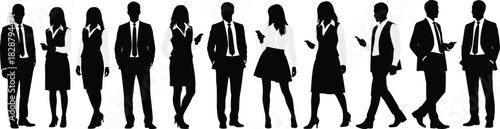 Business silhouettes, professionals with smartphones, formal attire, corporate culture, workplace diversity, communication, technology use, black outline, modern office