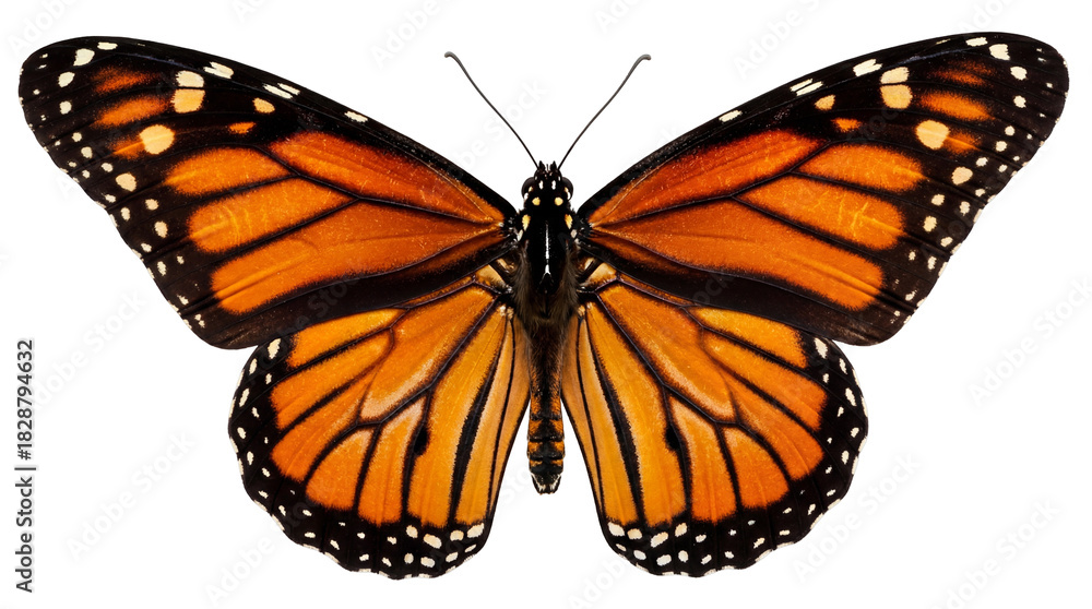 Fototapeta premium Monarch butterfly PNG isolated on transparent background, orange and black insect with intricate wing patterns for design projects