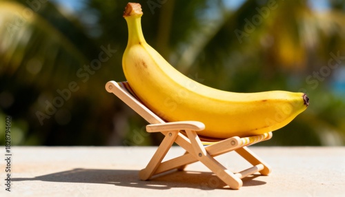 Yellow banana on a tiny chair in tropical paradise