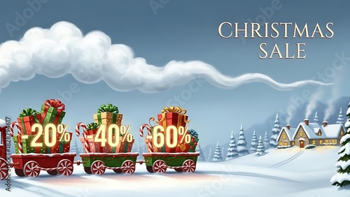 Christmas sale train with gift boxes showing discount percentages
