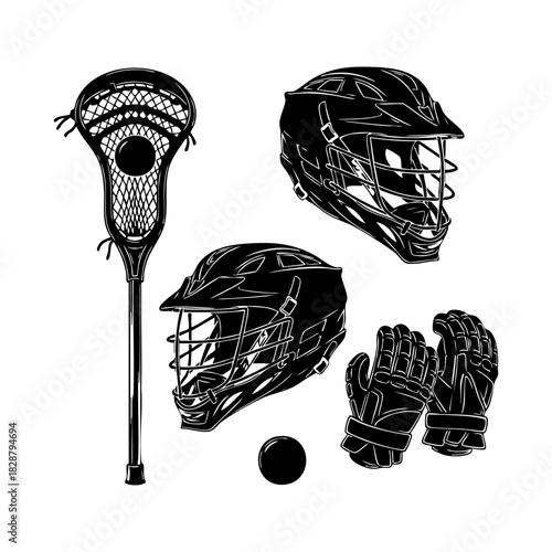 Collection of lacrosse equipment silhouette vector. Lacrosse elements vector isolated on white background.