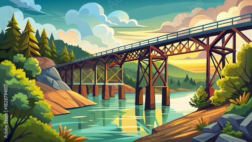 Very beautiful railroad trestle spanning the calm Catawba River near Rock Hill, South Carolina, captured in a clean, scenic landscape style. The sturdy metal bridge reflects softly in the water, surro