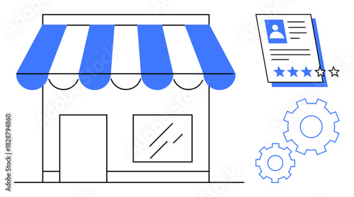 Storefront with striped awning, customer review document with ratings, and settings gears. Ideal for business setup, service evaluation, customer feedback, e-commerce, process improvement, marketing
