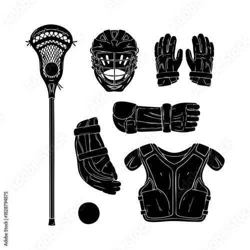 Collection of lacrosse equipment silhouette vector. Lacrosse elements vector isolated on white background.