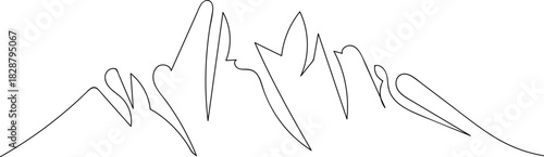 Minimalist mountain range line art illustration. A simple, single-line drawing depicting a majestic mountain range with a prominent peak, rendered in a clean, linear style.