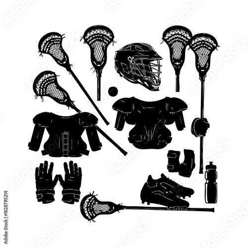Collection of lacrosse equipment silhouette vector. Lacrosse elements vector isolated on white background.