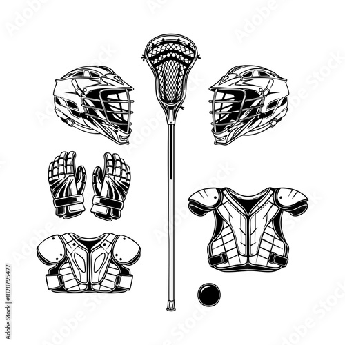 Collection of lacrosse equipment silhouette vector. Lacrosse elements vector isolated on white background.
