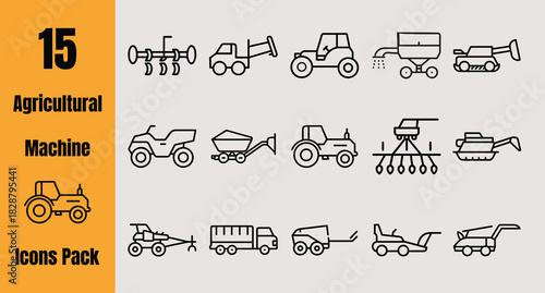 15 Agricultural Machine Outline Icons Vector Pack Farming Equipment Tractor