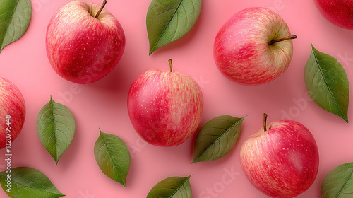Arrangement of red apples with green leaves on a pink background