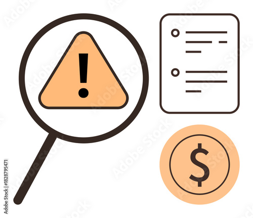 Magnifying glass focuses on exclamation triangle, placed near document and dollar coin. Ideal for risk analysis, finance, audit, compliance, problem detection, warnings and decision-making. Simple