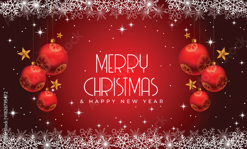 Christmas card in red with balls and a white abstract christmas snowflakes