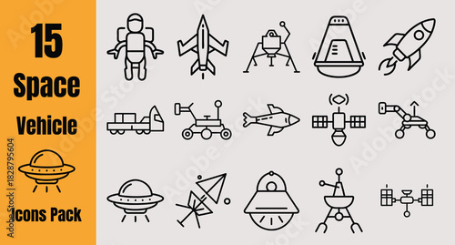 15 Space Vehicle Outline Icons Vector Pack Rocket Astronaut UFO Satellite