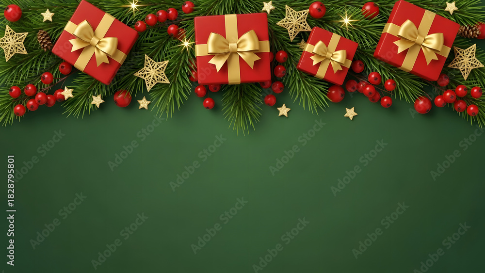 Naklejka premium Festive Holiday presents on a green background, perfect for a joyful theme. The arrangement consists of bright red gift boxes with golden ribbons, decorated with stars, berries and pine leaves.
