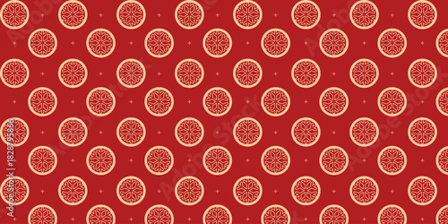 Seamless festive pattern with circular golden snowflake emblems and tiny star accents on a rich red background, perfect for Christmas wrapping paper, luxury packaging, greeting cards and elegant holid