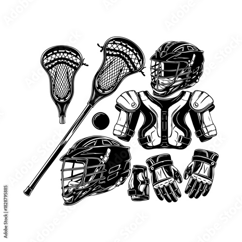 Collection of lacrosse equipment silhouette vector. Lacrosse elements vector isolated on white background.