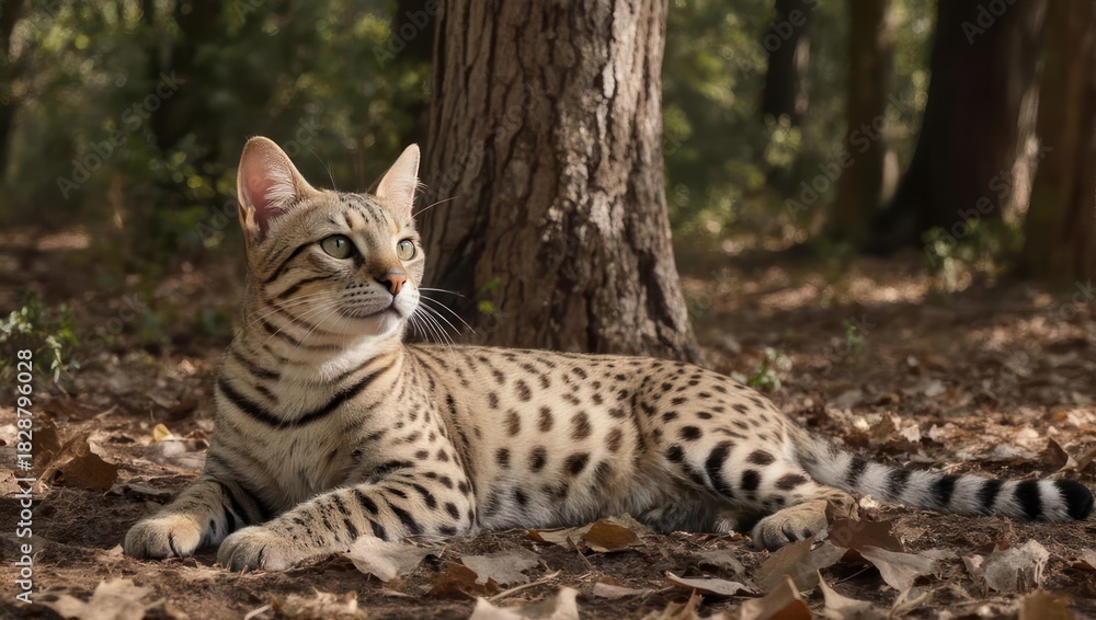 Obraz premium Elegant Savannah Cat Resting in a Forest Glade.