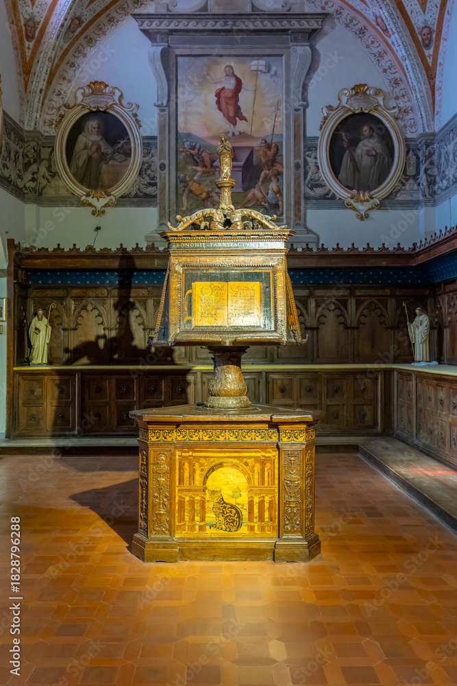 Obraz premium Ornate lectern with choir book in Monte Oliveto Maggiore abbey, Tuscany