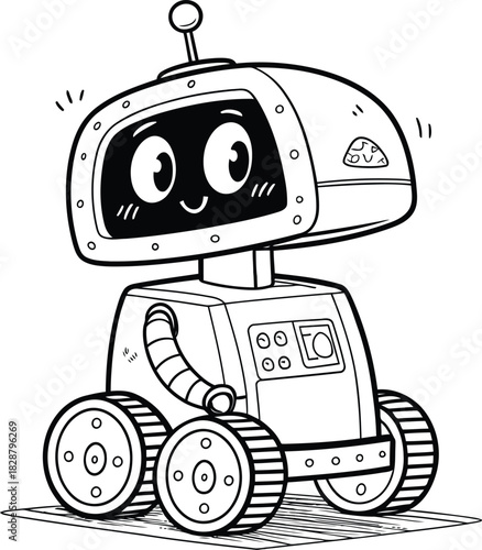 Cartoon robot with a screen face and wheels standing on a striped surface in black and white style