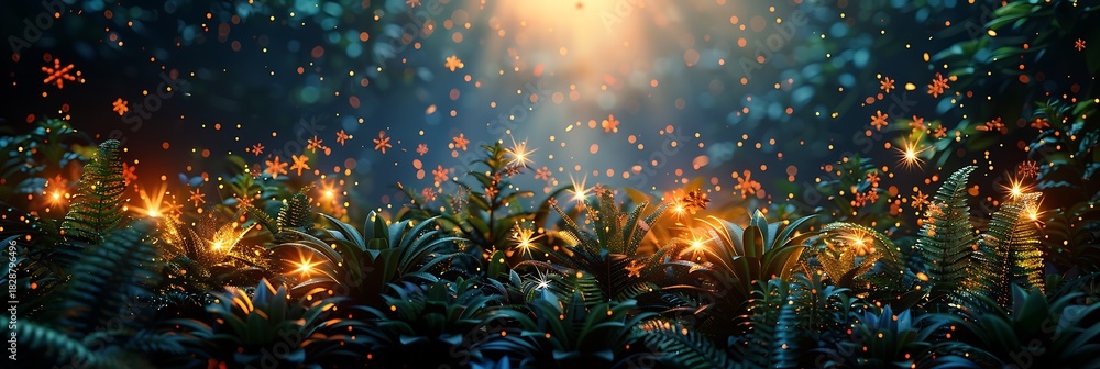 Fototapeta premium Panoramic Enchanted Forest Night Scene With Glowing Lights and Lush Foliage