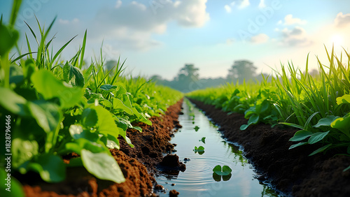 Irrigation Canal Through Lush Green Field: Agriculture, Farming, Rural Landscape, Water Management, Sustainable Farming Practices Stock Image