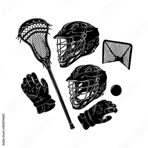 Collection of lacrosse equipment silhouette vector. Lacrosse elements vector isolated on white background.