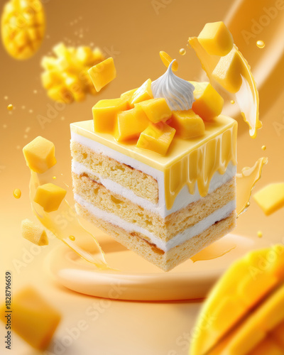 Mango cake slice with creamy layers and fresh mango cubes, glossy mango sauce and whipped cream, bright dessert joy